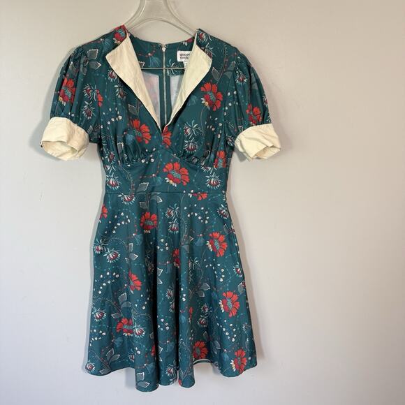 Unique Vintage Dresses & Skirts - Unique Vintage Swing Dress Blue Short Puff Sleeve Green Floral Cottagecore M 6-8